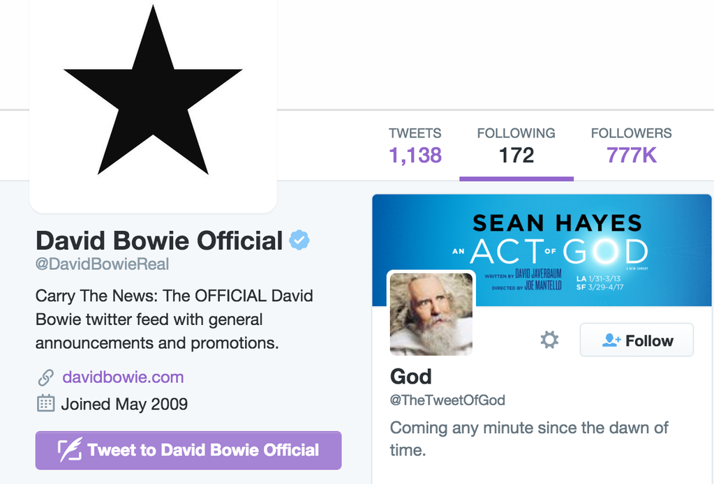 Última conta no Twitter seguida por Bowie foi a de Deus