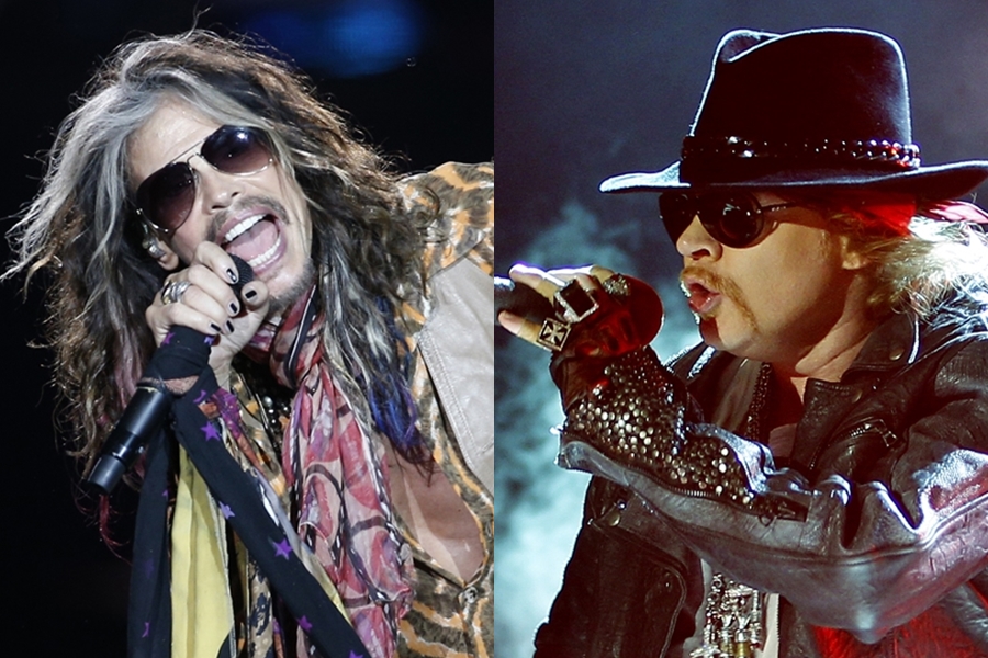Steven Tyler, líder do Aerosmith, e Axl Rose, vocalista do Guns N' Roses