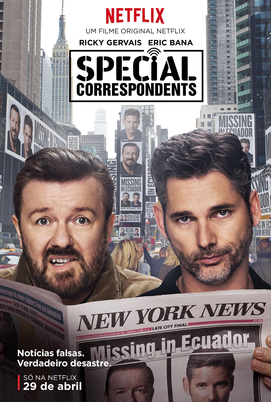 Ricky Gervais e Eric Bana no pôster do filme Special Correspondents , produção original da Netflix