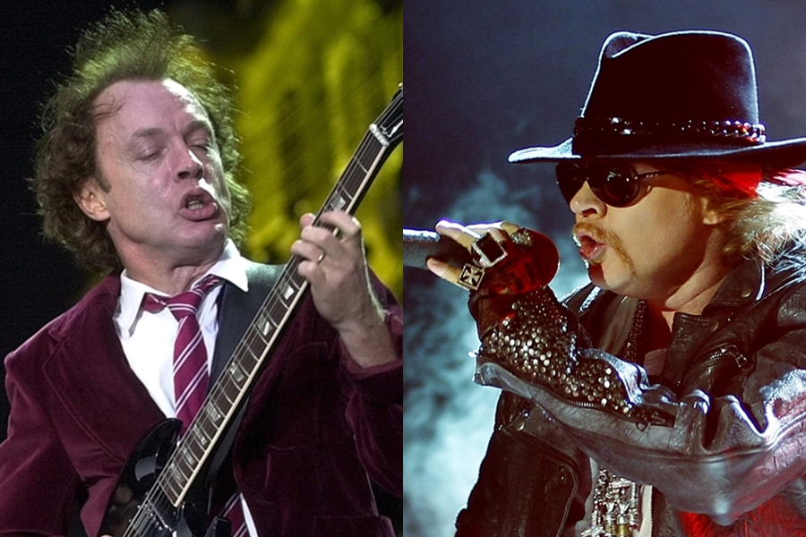 Angus Young, guitarrista do AC/DC, e Axl Rose, vocalista do Guns N' Roses