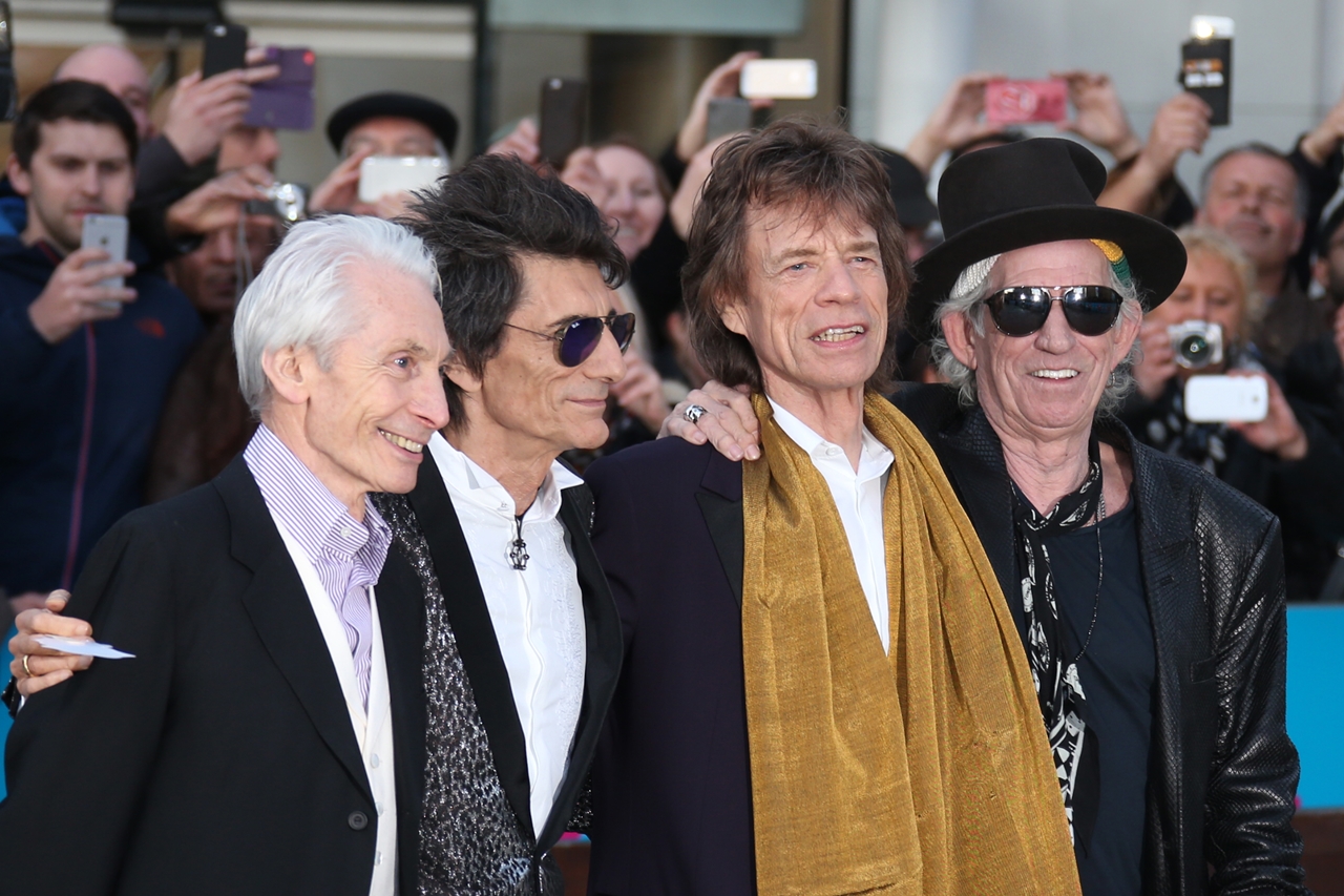 Os Rolling Stones na estreia da exposição do grupo, Exhibitionism, no Saatchi Gallery, em Londres, em 2016