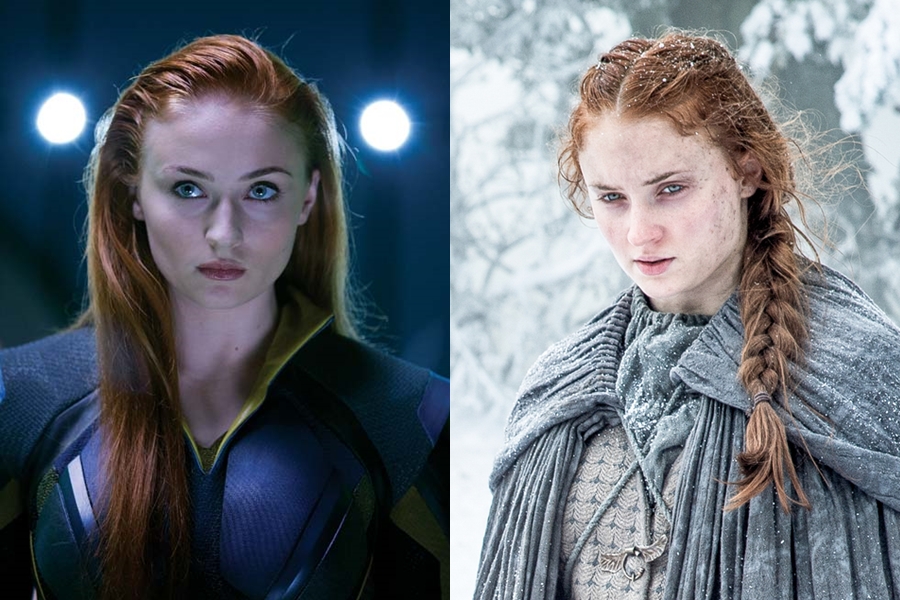 A atriz Sophie Turner em dois papéis:como Jean Grey em X-Men: Apocalipse e como Sansa em Game of Thrones