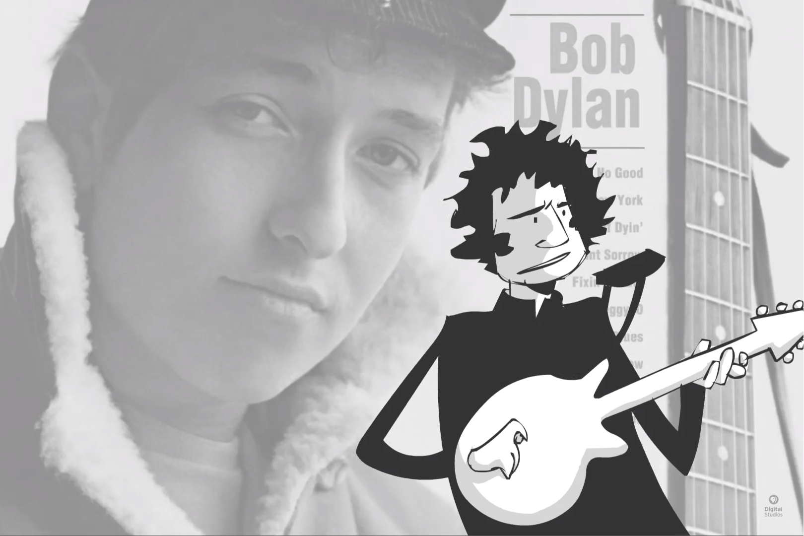 Ilustração de Bob Dylan em trecho de entrevista animada da série Blank on Blank, da PBS
