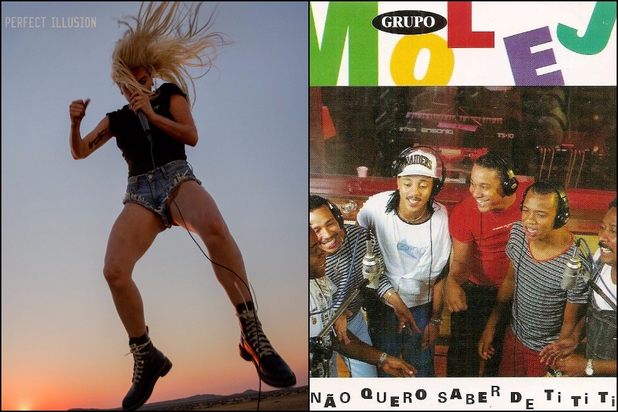 Capa de "Perfect Illusion", novo single da Lady Gaga, e de Não Quero Saber de TiTiTi, álbum do grupo Molejo no qual está a música "Cilada"