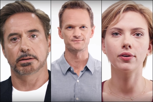 Robert Downey Jr, Neil Patrick Harris e Scarlett Johannson na série de vídeos Save the Day PAC, criada por Joss Whedon
