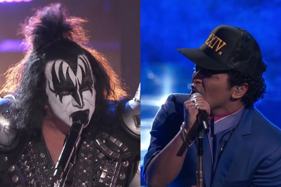 Gene Simmons, do Kiss, e Bruno Mars, ambos em performances no episódio final da 11ª temporada da versão norte-americana do programa The Voice