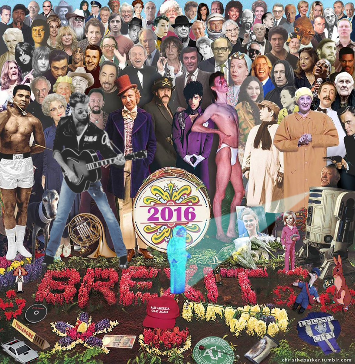 Capa do disco Sgt. Pepper's Lonely Hearts Club Band, dos Beatles, recriada com imagens de personalidades que morreram em 2016 e fatos marcantes do ano