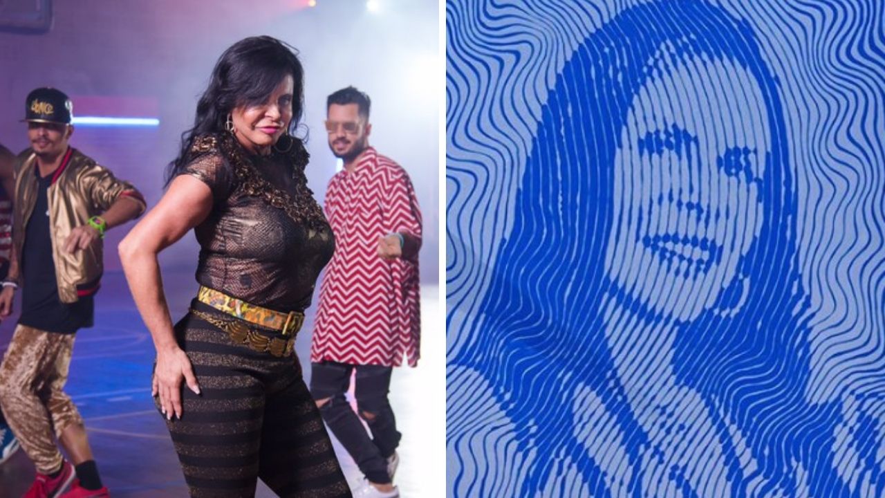 Gretchen no lyric video de "Swish Swish" (Foto: Natalia Abreu) e pintura de Gretchen (Foto: Reprodução/Instagram/Marcos Marin)