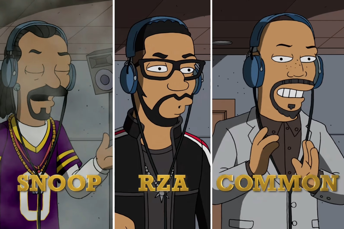 Snoop Dogg, RZA, Common em cena do trailer do episódio de Os Simpsons temático de hip-hop