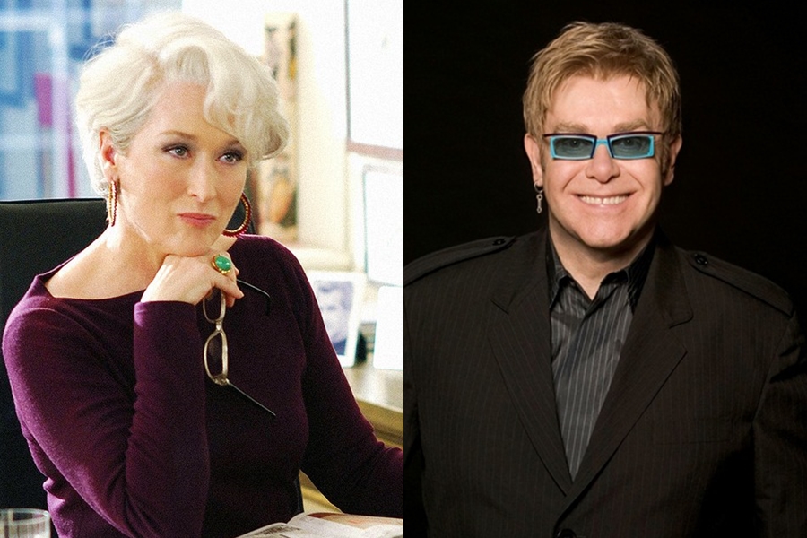 Meryl Streep em O Diabo Veste Prada e Elton John