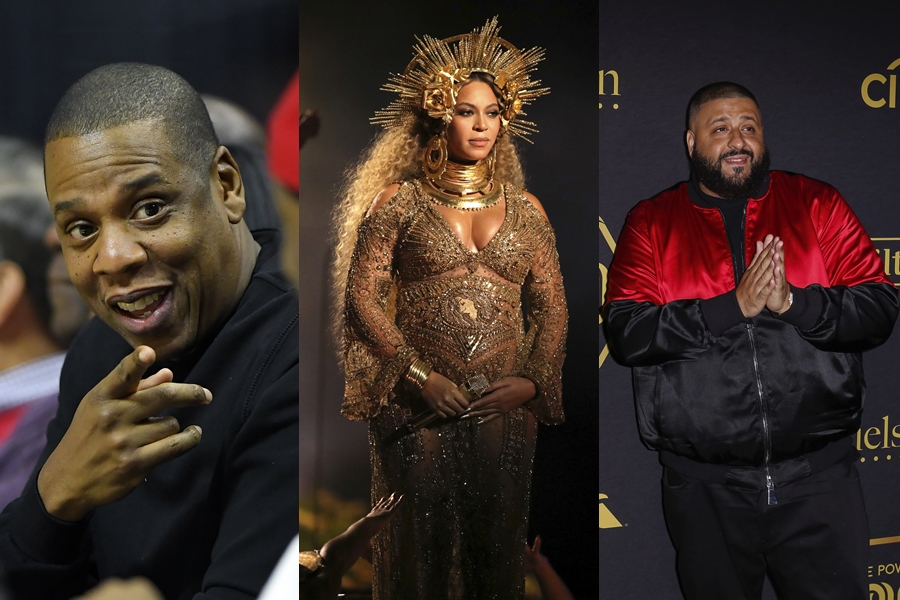 Jay Z, Beyoncé e DJ Khaled, que colaboraram na faixa "Shining"