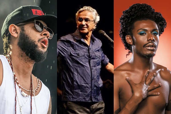 Emicida, Caetano Veloso e Liniker, da banda Liniker e os Caramelows - atrações do Coala Festival 2017
