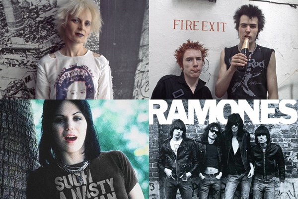 Vivienne Westwood; Johny Rotten e Sid Vicious, do Sex Pistols; Joan Jett, do The Runaways e capa do disco Ramones (1976) — símbolos da era punk
