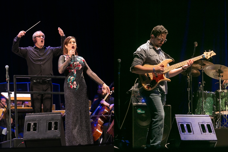 O maestro titular Edilson Ventureli da Orquestra Juvenil de Heliópolis, a cantora Pitty e Fernando Molinari, do Fernando Molinari Trio, no encerramento do Samsung E-Festival