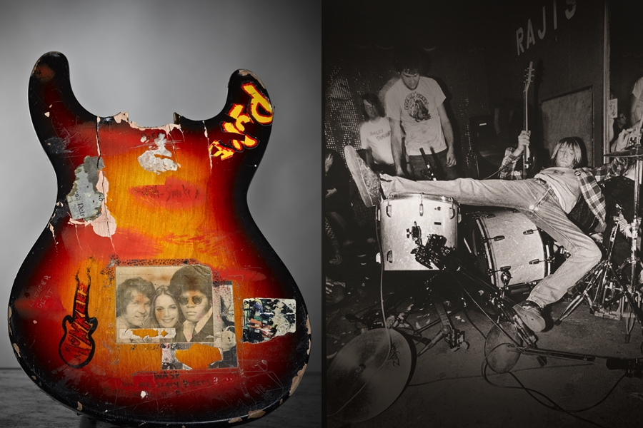 Guitarra antiga de Kurt Cobain e imagem do Nirvana, ambos presentes na exposição sobre a banda, Taking Punk to the Masses