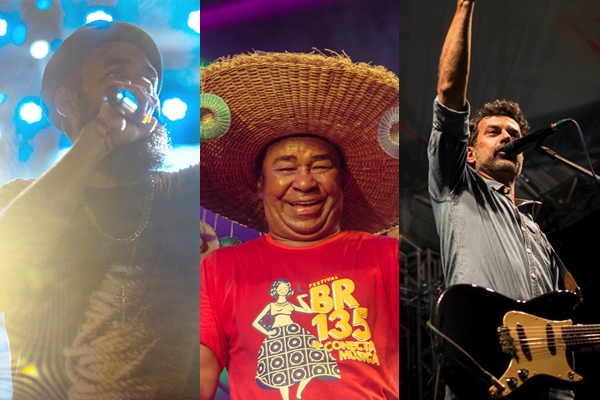 Russo Passapusso, do BaianaSystem, Pinduca, e Fabio Trummer, da Banda Eddie, no festival BR 135, em 2017