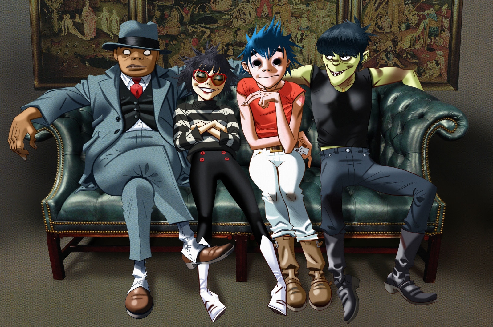 Gorillaz, banda animada formada por Russell Hobbs, Murdoc, 2-D e Noodle