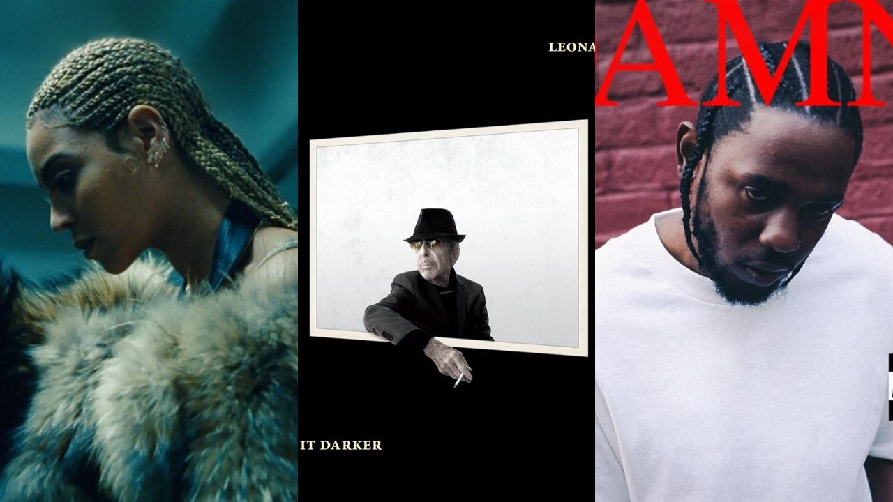 Capa do disco Lemonade de Beyoncé (Foto 1: Reprodução), Capa do disco You Want It Darker de Leonard Cohen (Foto 2: Reprodução) e Capa do disco DAMN. de Kendrick Lamar (Foto 3: Reprodução)