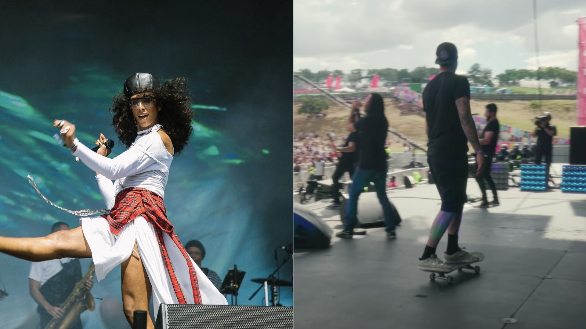 Linn da Quebrada e Bob Burnquist no Lollapalooza Brasil (Fotos: Reprodução /Twitter e Youtube)