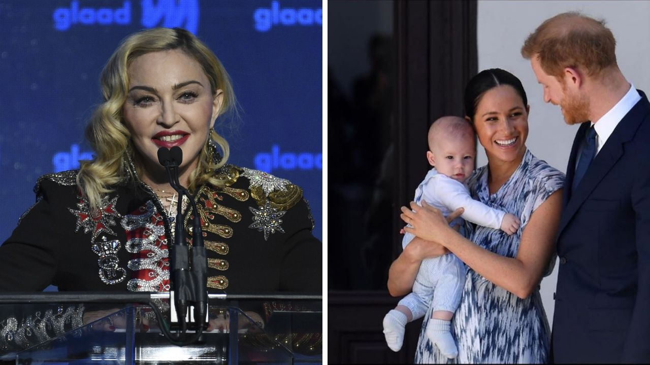 Madonna (esq.) e Archie, Meghan Markle e Harry  (dir.) (Foto 1: Evan Agostini Invision / AP e Foto 2: Reprodução / Instagram)