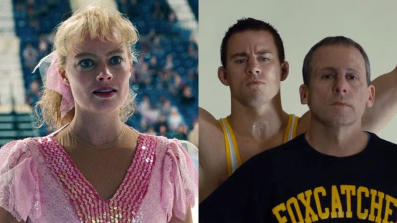 Margot Robbie em Eu, Tonya (Foto: Reprodução) e Channing Tatum e Steve Carell em Foxcatcher (Foto: Reprodução)