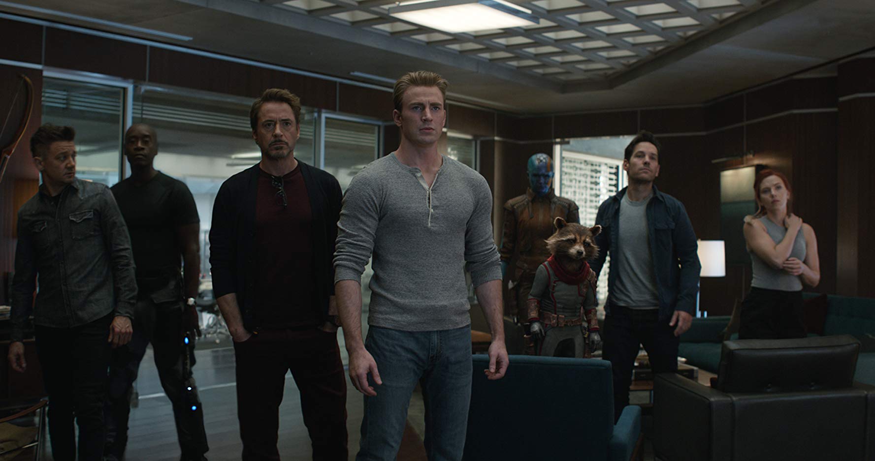 Don Cheadle, Robert Downey Jr., Bradley Cooper, Chris Evans, Scarlett Johansson, Jeremy Renner, Paul Rudd, e Karen Gillan em Vingadores: Ultimato (Foto: Reprodução)
