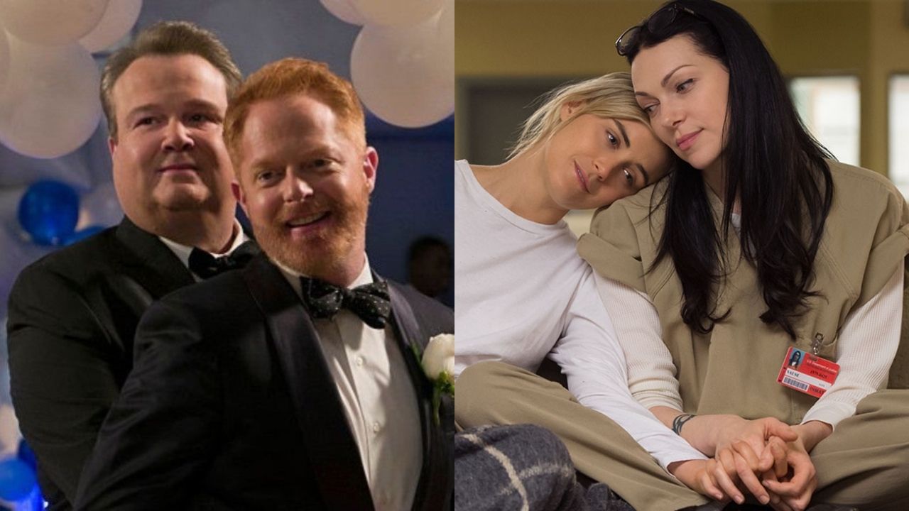 Montagem de Mitch e Cam m Modern Family e Alex e Piper em Orange is The New Black (Reprodução)