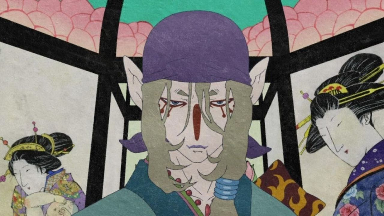 Cena de Mononoke. Vendedor de Remédios, homem asiático, está em primeiro plano, com duas pessoas aos lados esquerdo e direito dele.
