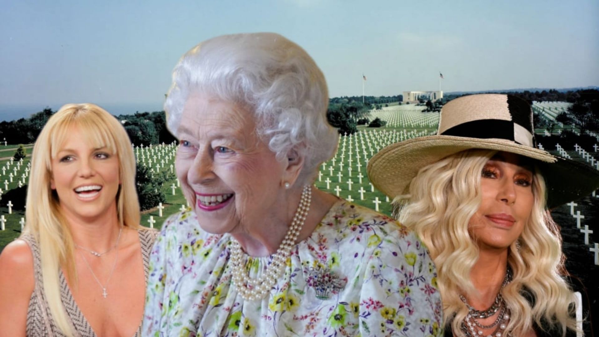 Montagem com Britney Spears, Elizabeth II e Cher em cemitério (Fotos: Getty Images)