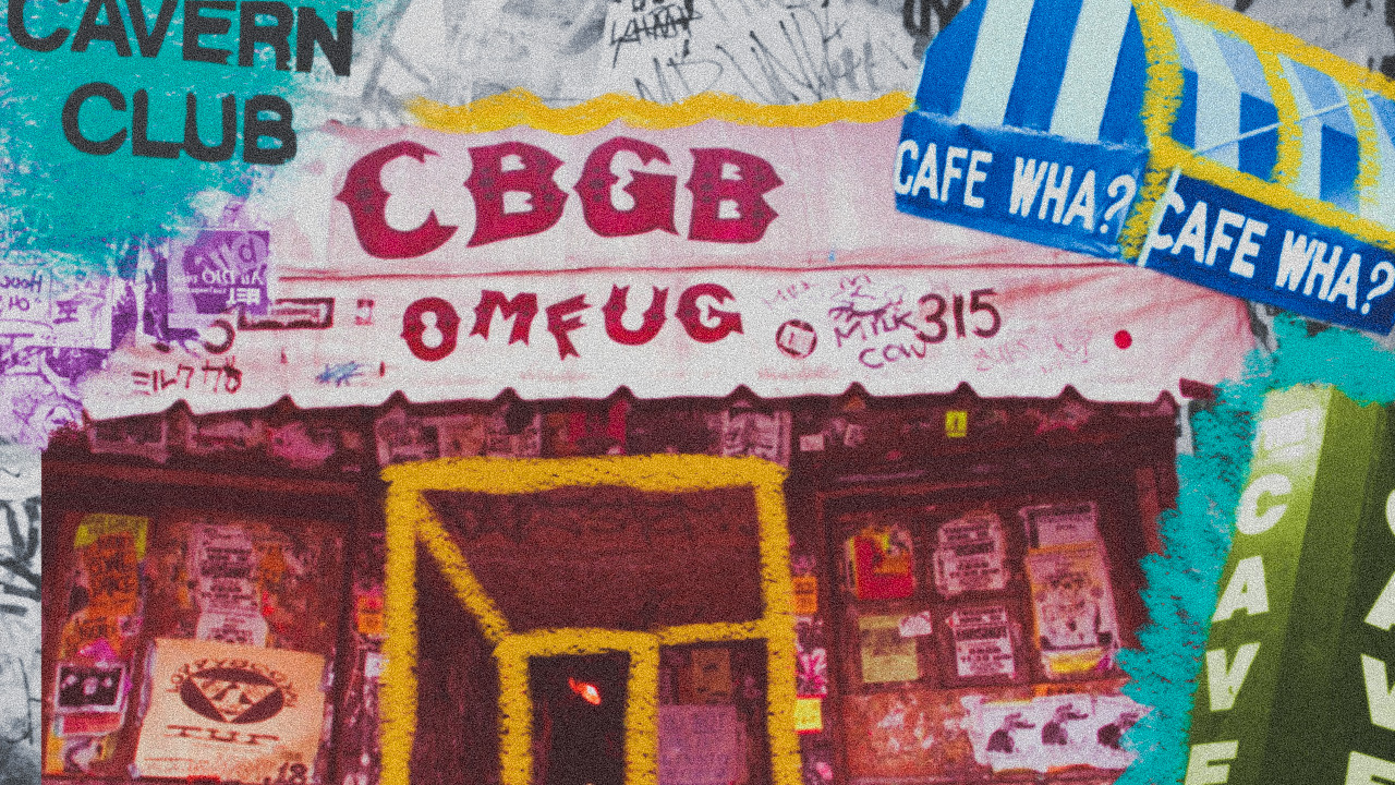 Faixada do CBGB, Cafe Wha? e The Cavern Club (Arte: Julia Harumi Morita)