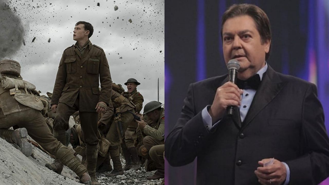 Montagem com George MacKay em 1917 (Foto: Francois Duhamel / Universal Pictures) e Fausto Silva, o Faustão (Instagram / Reprodução)