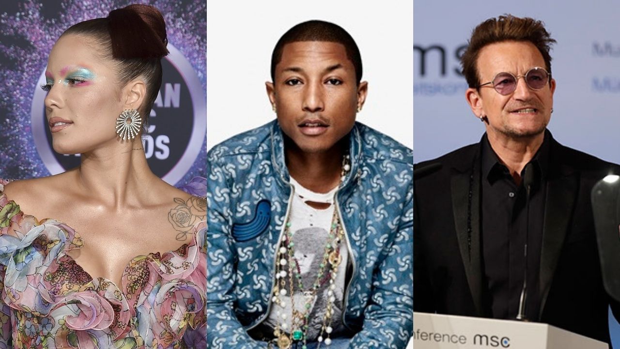 Montagem com Halsey (Foto: Jordan Strauss / Invision / AP), Pharrell Williams (Foto: Reprodução) e Bono Vox (Foto: AP Images)