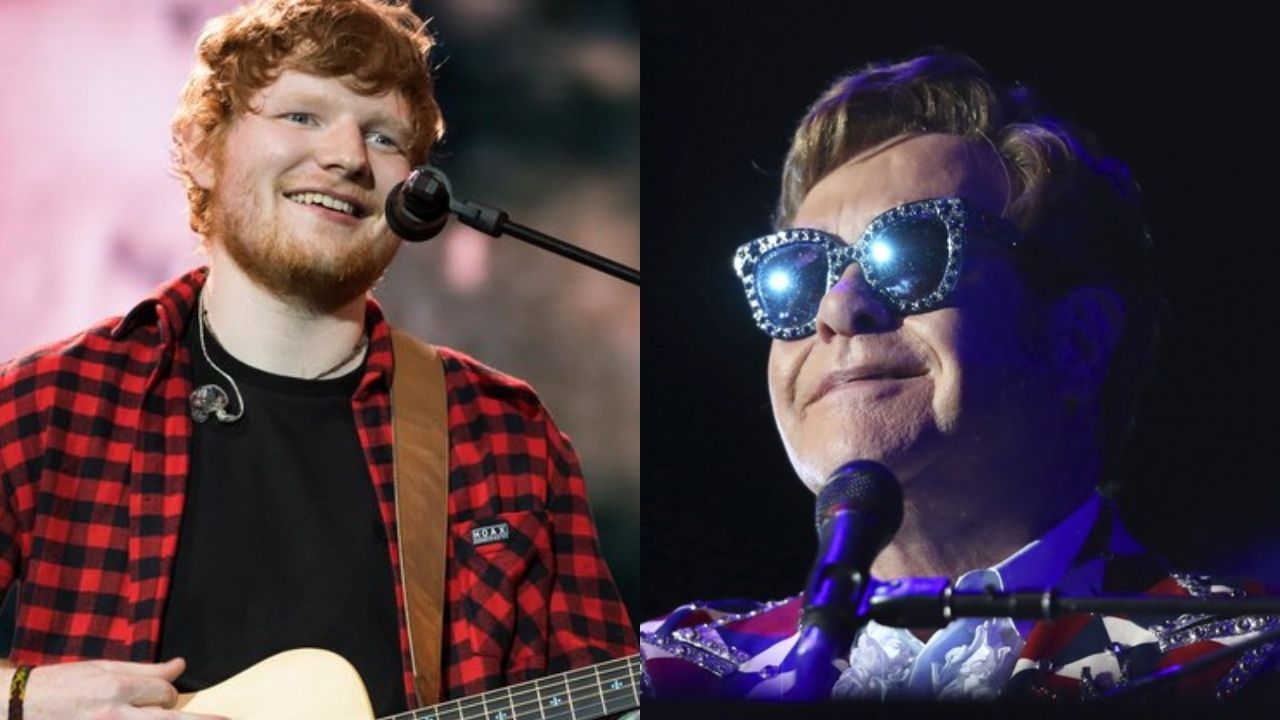 Montagem de Ed Sheeran (Ian Gavan/Getty Images) com Elton John (Matt Sayles/Invision for Black Ink/AP Images)