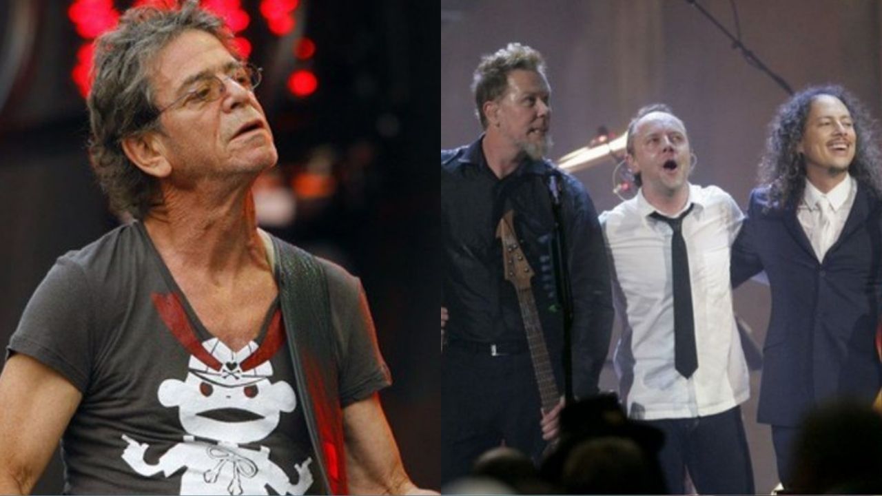 Montagem de Lou Reed (Foto: John Smierciak/AP) e, da esquerda para a direita, James Hetfield, Lars Ulrich e Kirk Hammett (Foto:Tony Dejak/AP Images)