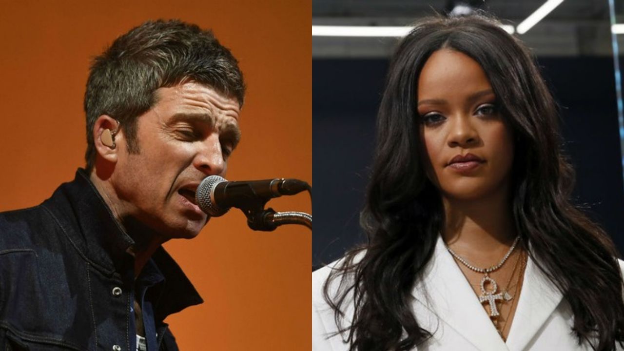 Montagem de Noel Gallagher (Foto: KGC-138 / STAR MAX / IPx) e Rihanna (foto: François Mori/ AP)