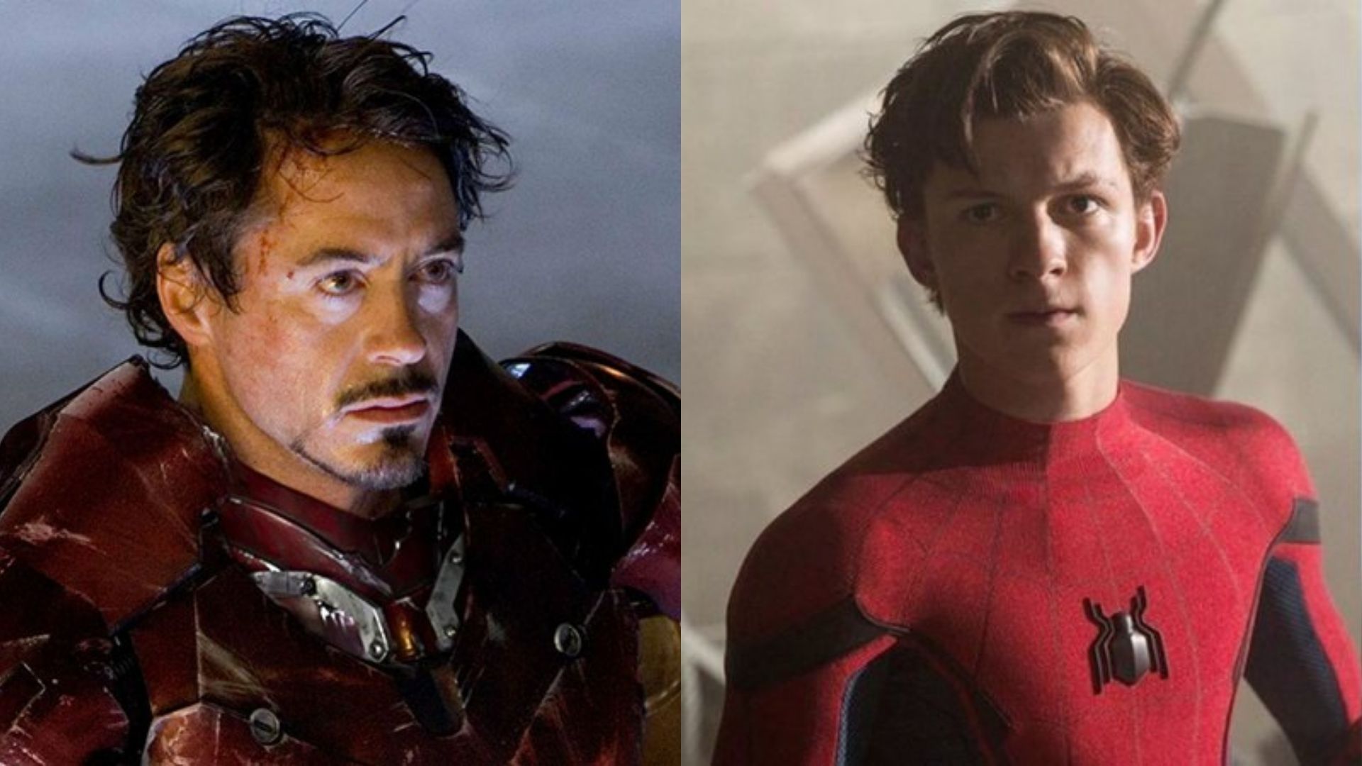 Montagem de Tom Holland (Reprodução) e Robert Downey Jr (Reprodução/Marvel)