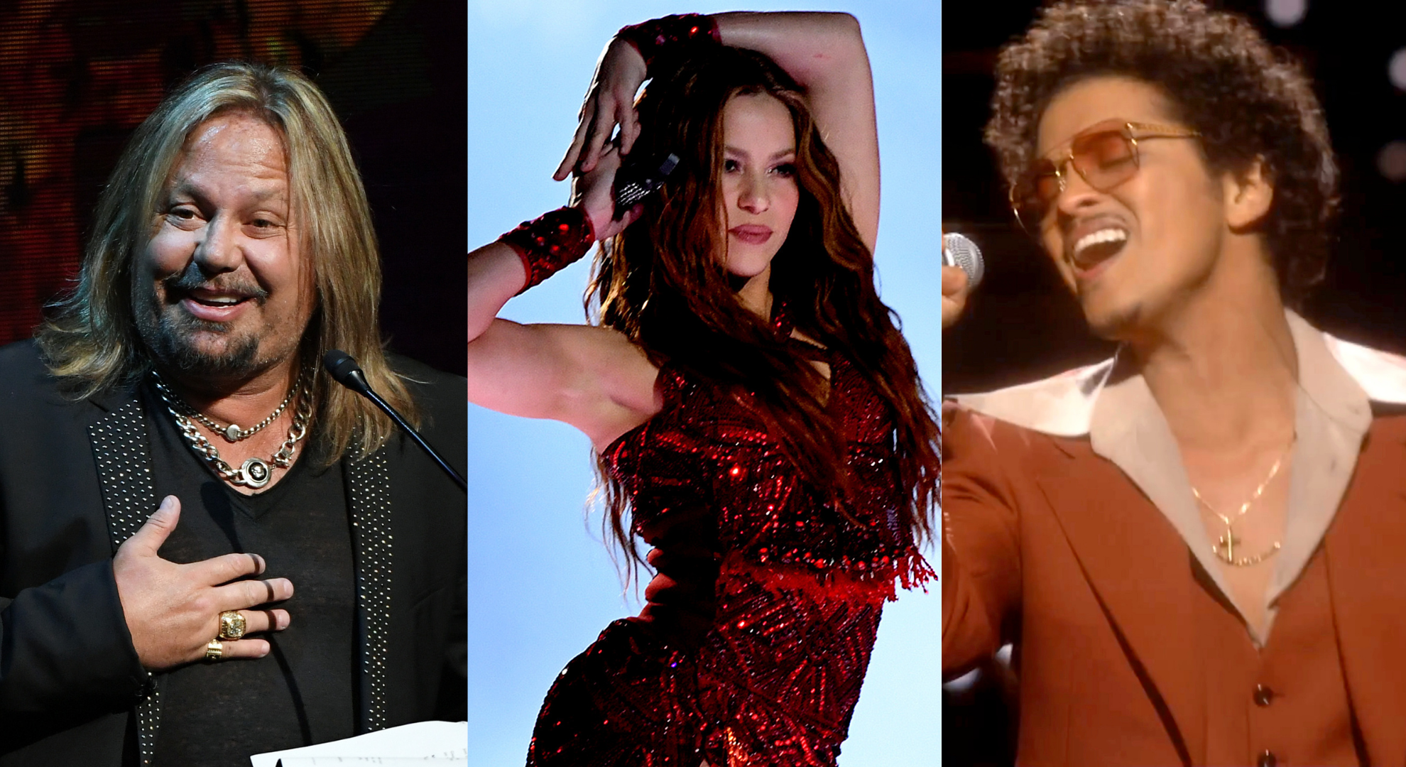 Vince Neil, Shakira, Bruno Mars (Fotos: Getty Images)