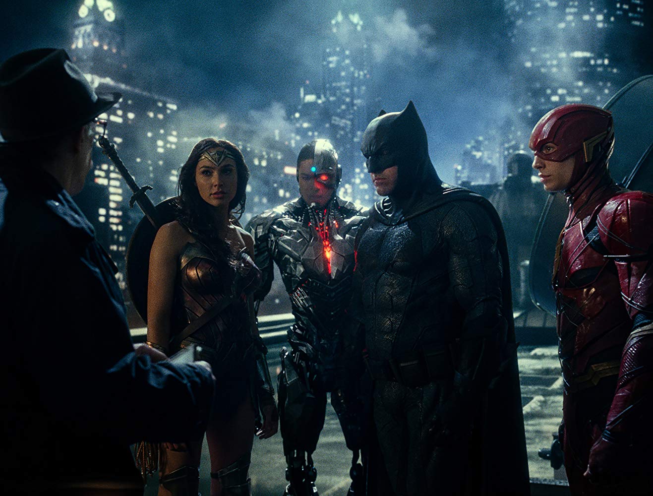 Ben Affleck, J.K. Simmons, Gal Gadot, Ezra Miller, e Ray Fisher em Liga da Justiça (Foto: Reprodução)