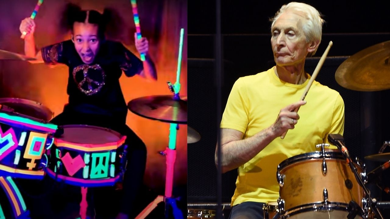 Nandi Bushell (Reproducão/ Vídeo)/ Charlie Watts (Foto: Kevin Winter/Getty Images)