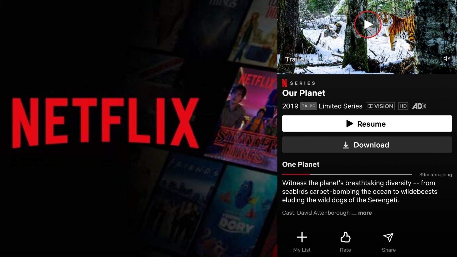 Netflix adicionou pop-ups no menu de cada filme, indicando que um título suporta descrição de áudio (AD)