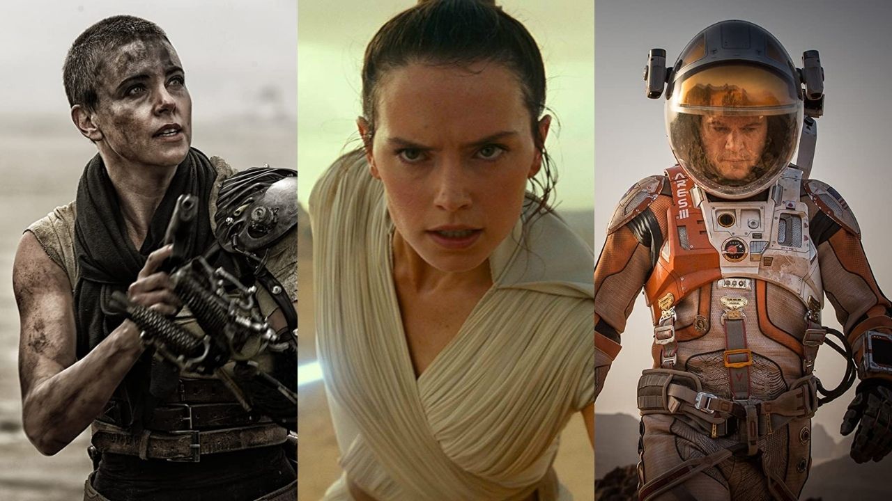 Imperatriz Furiosa em Mad Max, Rey em Star Wars - A Ascensão Skywalker e Mark Watney em Perdido em Marte (Foto 1: Reprodução/IMDb | Foto 2: Reprodução Disney/Lucasfilm | Foto 3: Reprodução)