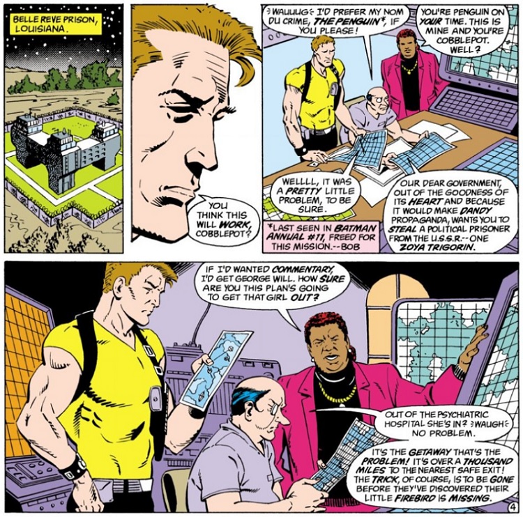 Reprodução dos quadrinhos. Pinguim está junto à outros personagens, incluindo Waller, atrás de mesa com mapas.