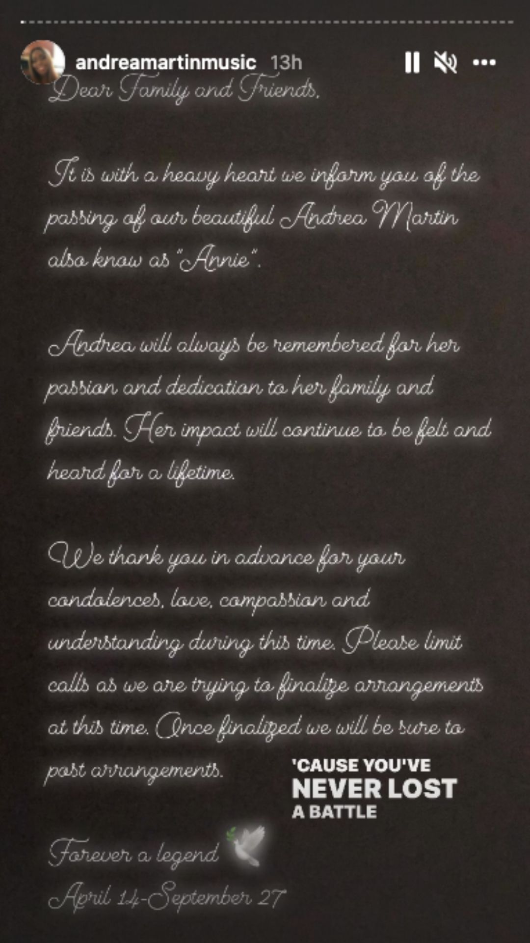 postagem no stories de Andrea Martin