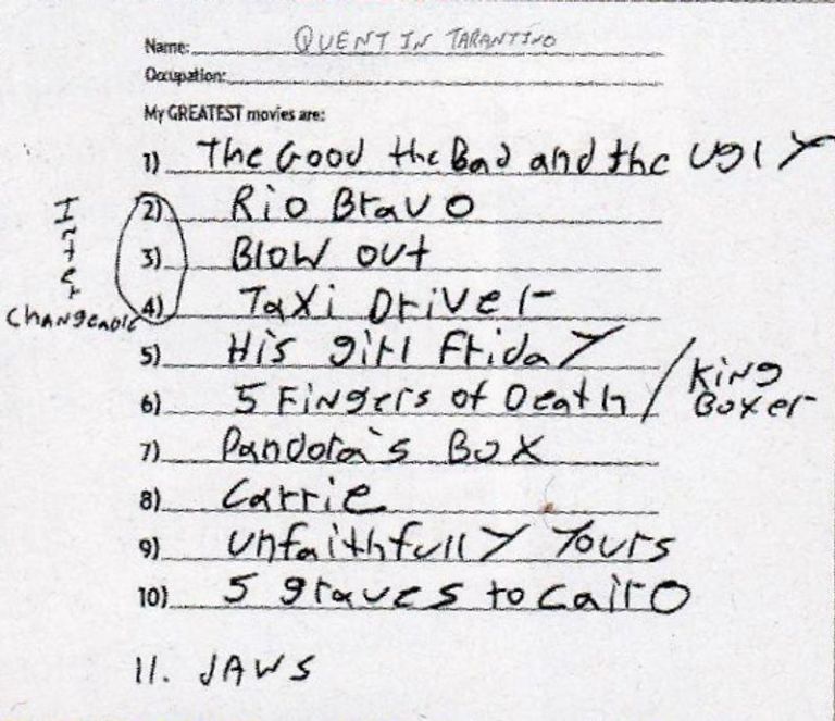 Anotação de Quentin Tarantino dos 11 melhores filmes