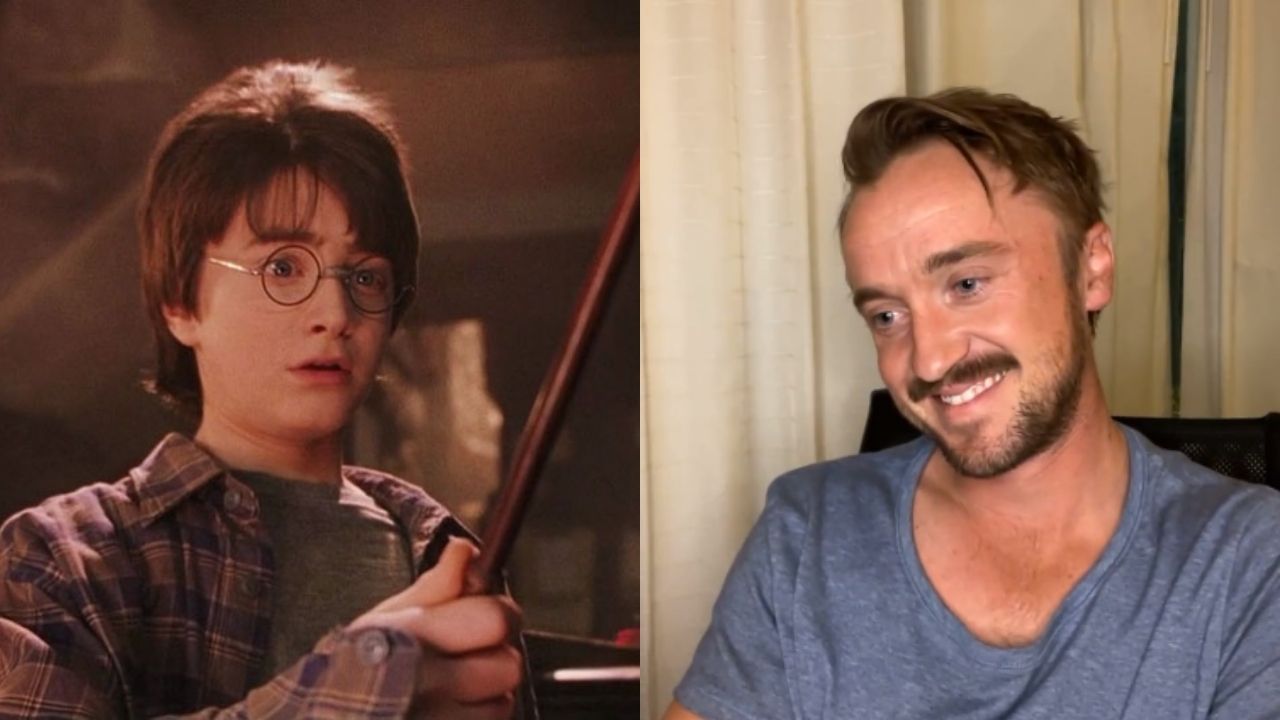 Montagem de Harry Potter e a Pedra Filosofal (Reprodução) e Tom Felton (Reprodução/Instagram)