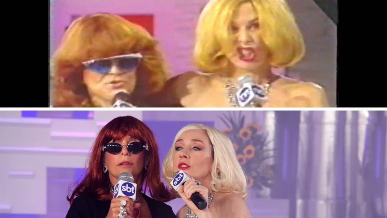 Hebe Camargo e Rita Lee "trocando as bolas" no palco (Fotos: Reprodução/ SBT [acima] e Divulgação / Globoplay [abaixo])