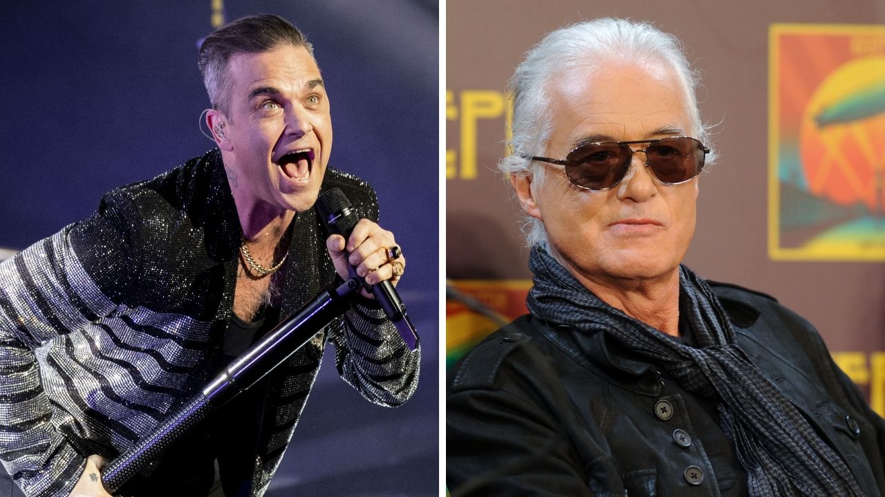 Robbie Williams e Jimmy Page (Foto1: Erik Kabik Photography/ MediaPunch /IPX e Foto 2: Evan Agostini/AP)