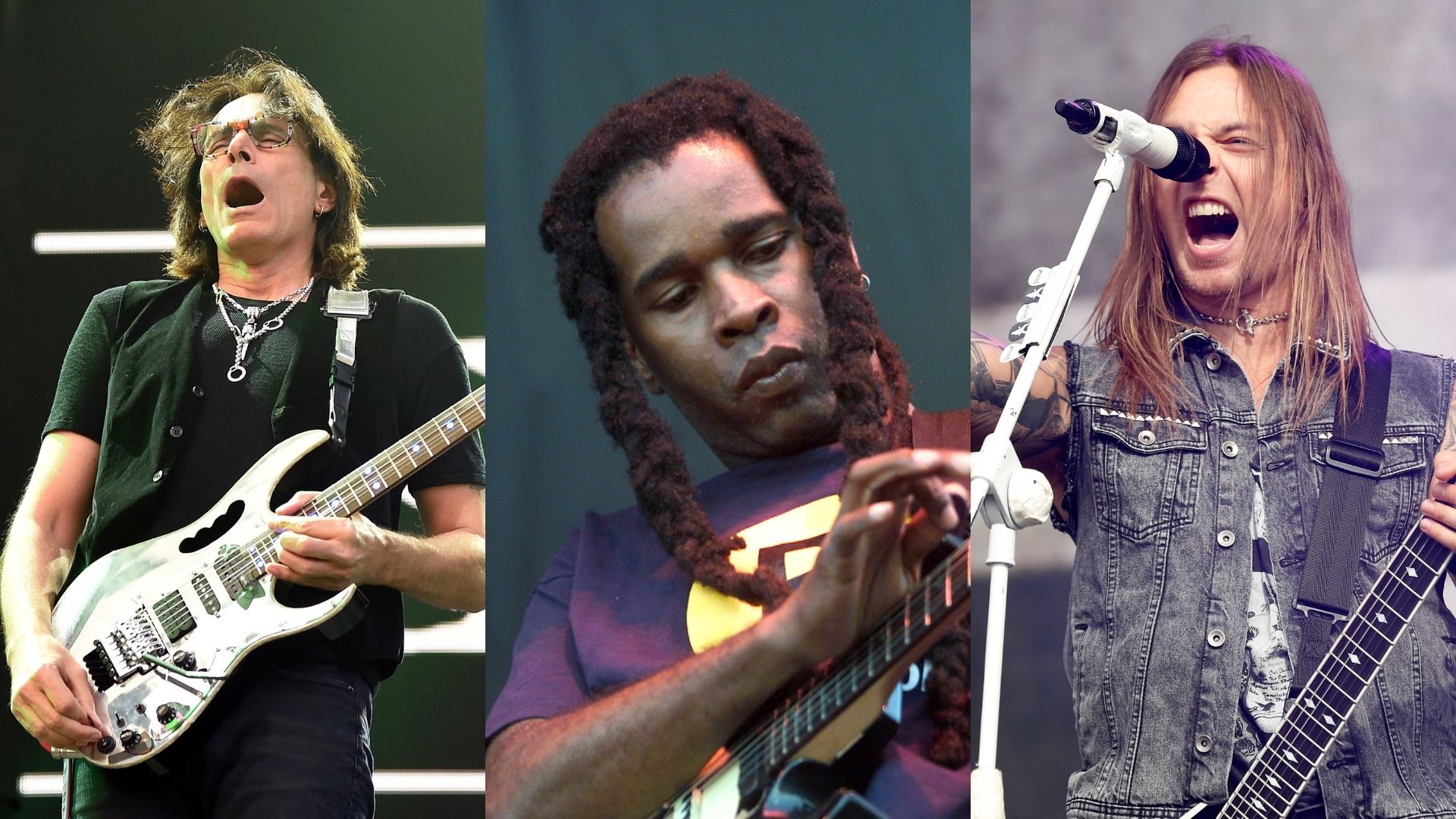 Montagem de Steve Vai (Ethan Miller/Getty Images), guitarrista da Living Colour Vernon Reid (Scott Gries/ImageDirect) e Matthew Tuck do Bullet For My Valentine(Simone Joyner/Getty Images)