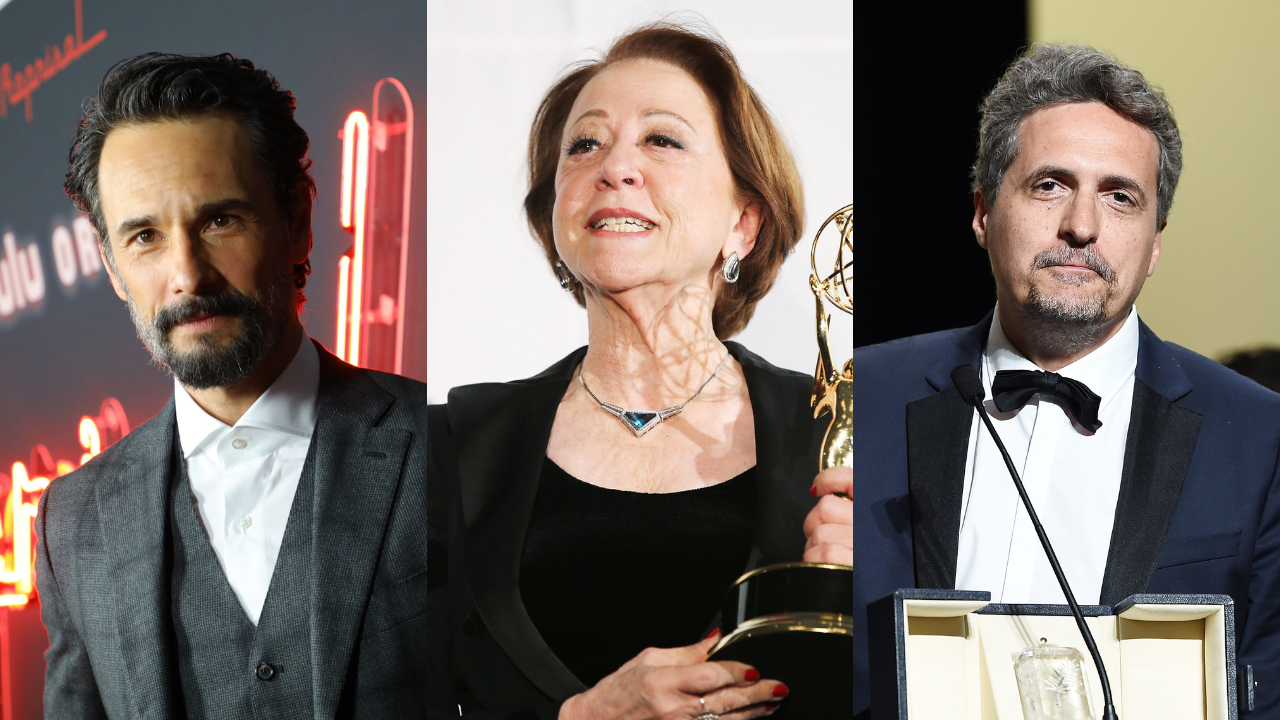 Rodrigo Santoro (Foto: JC Oliveira / Getty Images) Fernanda Montenegro (Foto: Neilson Barnard / Getty Images) e Kleber Mendonça Filho (Foto: Pascal Le Segretain / Getty Images)