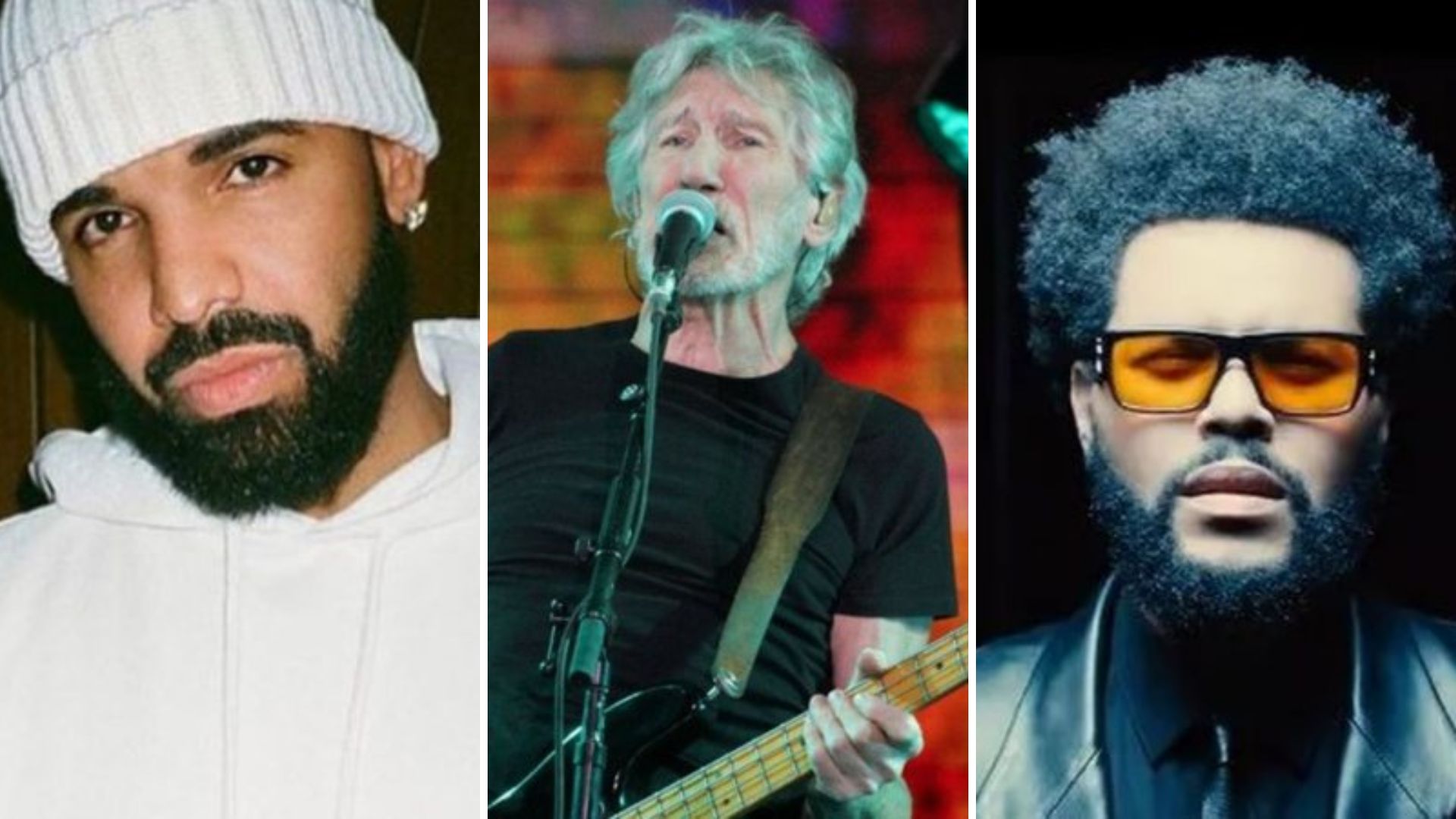 Drake (Foto: Instagram / Reprodução), Roger Waters (Foto: Juan Diego Buitrago / AP) e The Weeknd (foto: Divulgação)